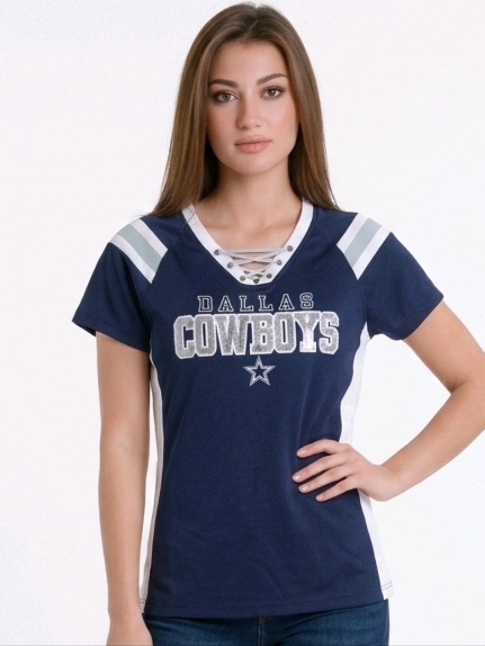 Dallas Cowboys - Women's Navy Lace-Up V-Neck Sequined‎ Bling Football Tee Sz Lg